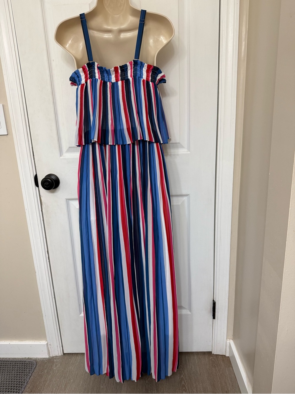 Lane Bryant Pleated Stripe Maxi Dress 14/16 Cold Shoulder Blue Red White - Picture 3 of 12